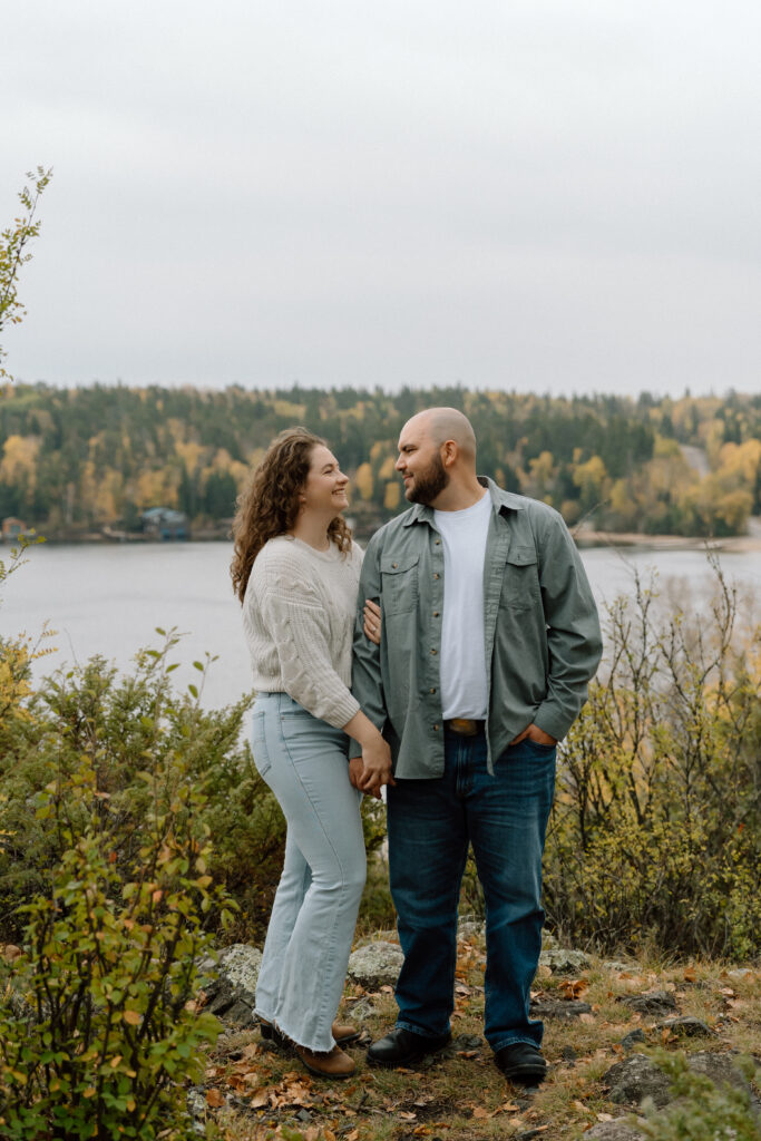 A couple during an engagement session at west hawk lake Manitoba 
